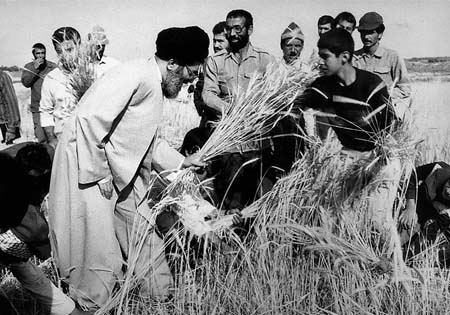 حضور خاطره انگیز رهبر معظم انقلاب در روستای فردو/ دروی گندم در مزرعه پدر شهید
